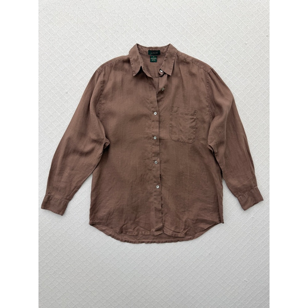 Vintage 90's J.Crew 100% Linen Button Down Shirt Brown Womens Small Oversized
